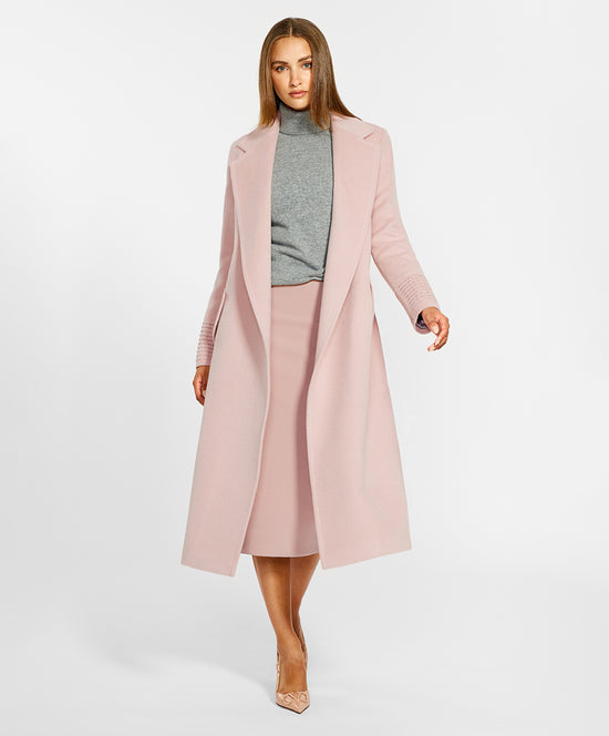 Sentaler Long Notched Collar Wrap Pink Tint Coat in Baby Alpaca wool. Seen from front open on female model.