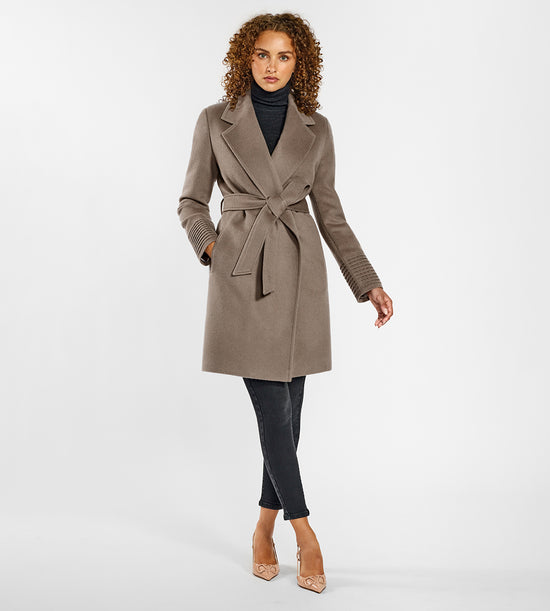 Sentaler Mid Length Notched Collar Wrap Warm Taupe Coat in Baby Alpaca wool. Seen from front on female model.
