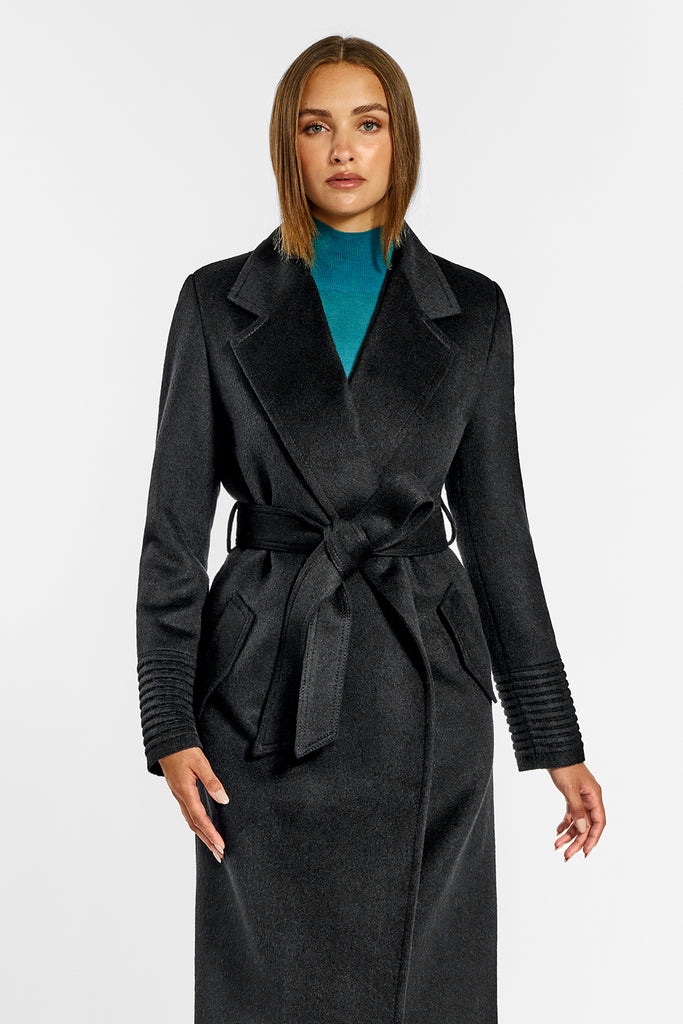 Long Notched Collar Wrap Black Coat | SENTALER