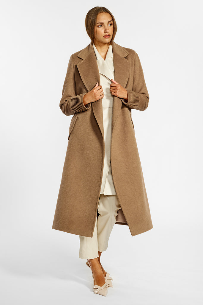 Mid Length Hooded Wrap Dark Camel Coat