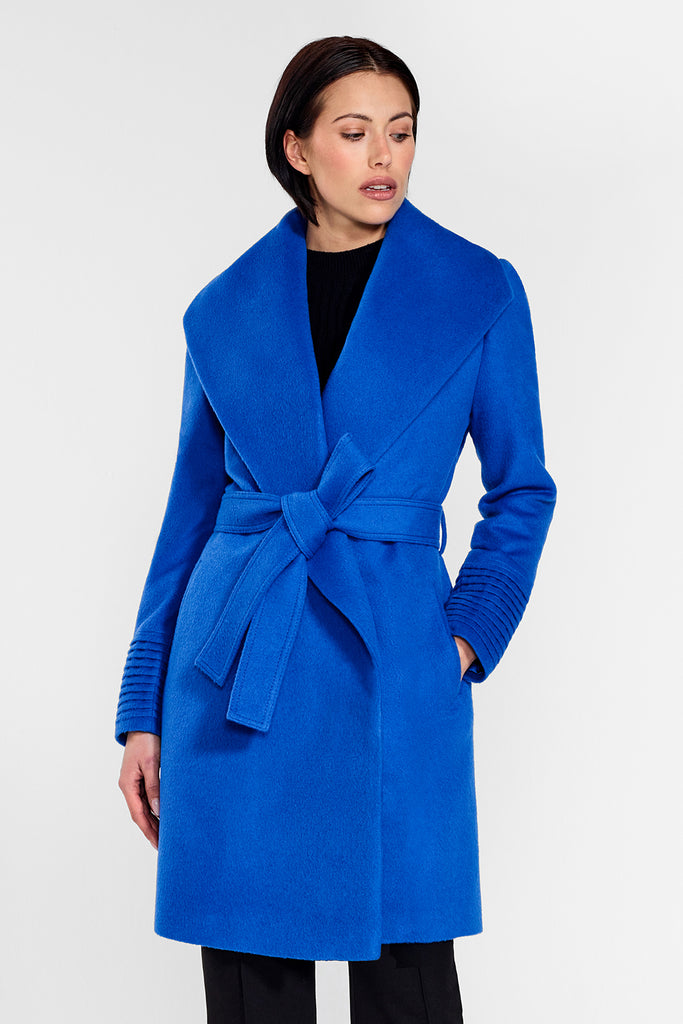 Mid Length Shawl Collar Wrap Cobalt Blue Coat | SENTALER