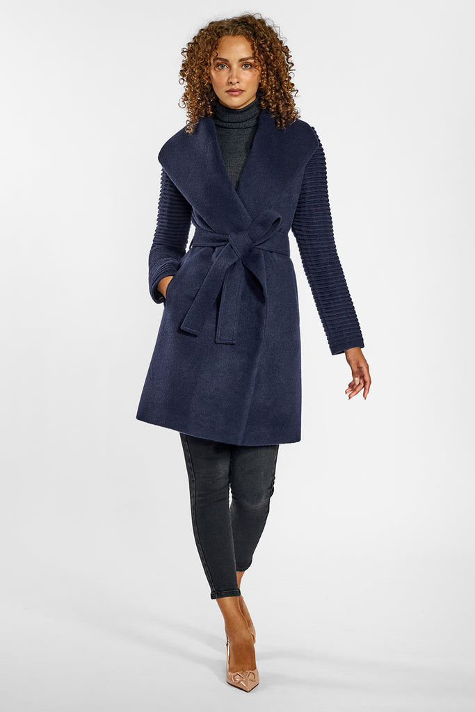 Ribbed Sleeves Shawl Collar Wrap Deep Navy Coat | SENTALER