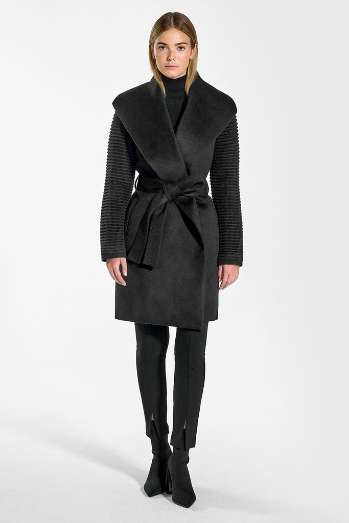 Mid Ribbed Sleeves Shawl Collar Wrap Black Coat | SENTALER