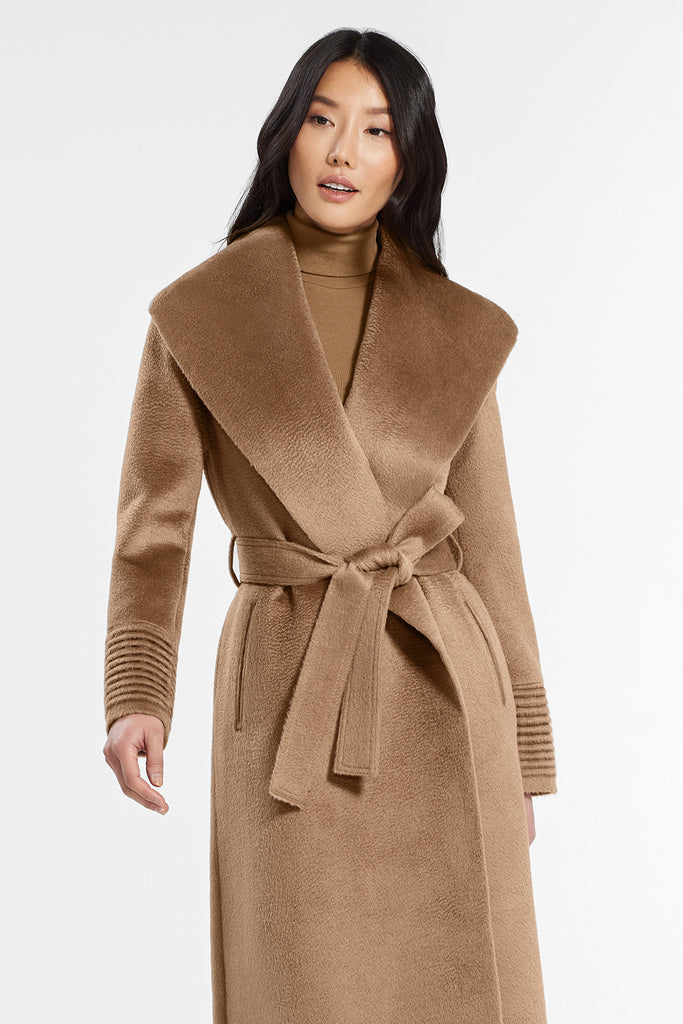 Suri Alpaca Long Shawl Collar Wrap Dark Camel Coat | SENTALER