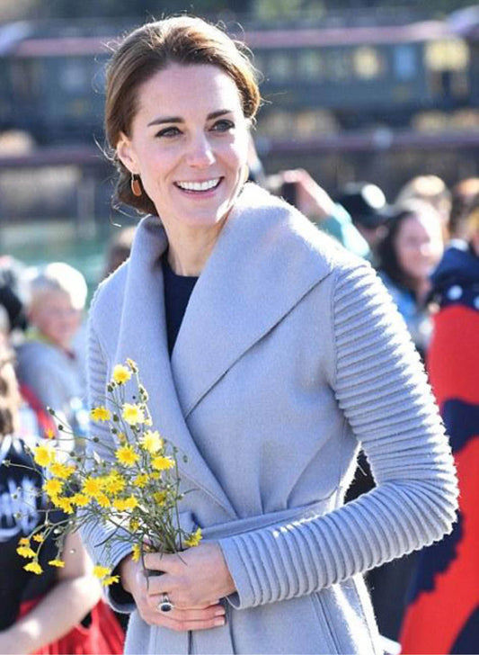 The Princess of Wales Kate Middleton is wearing the SENTALER Wrap Coat with Ribbed Sleeves in Gull Grey.