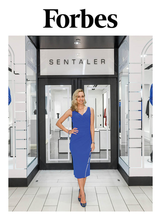 Image features the Forbes logo and an image of Creative Director Bojana Sentaler standing in front of the SENTALER Flagship at 55 Avenue Road.