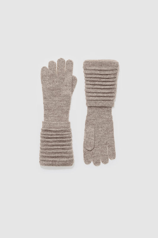 Sentaler Adult Ribbed Gloves featured in Baby Alpaca and available in Light Taupe Neutral. Seen as off figure.