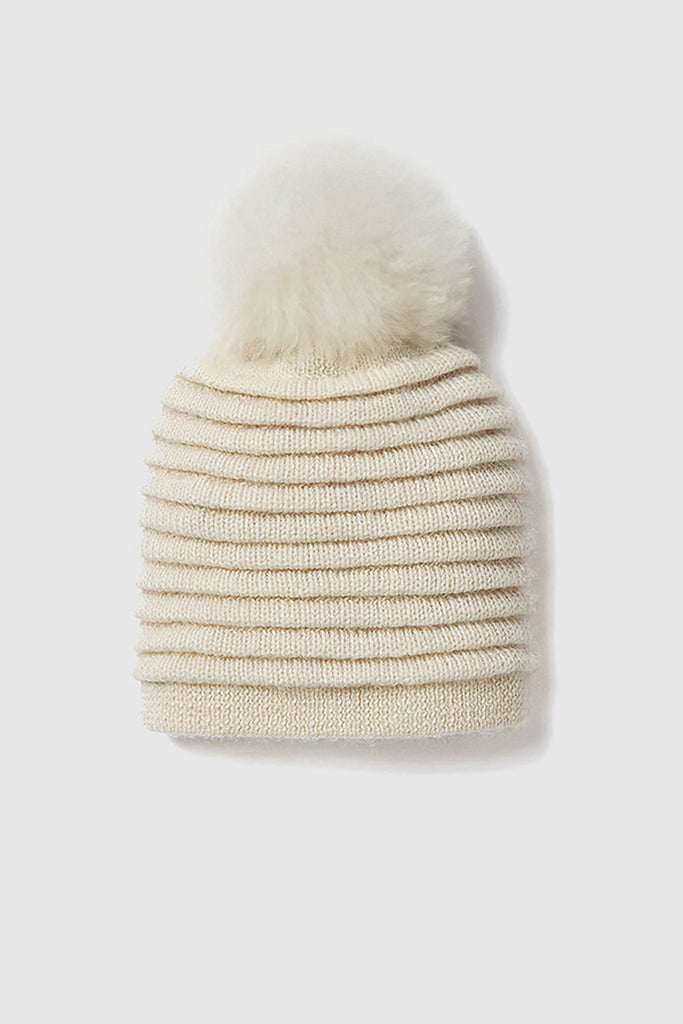 Adult Ribbed Ivory Hat with Fur Pompon | SENTALER