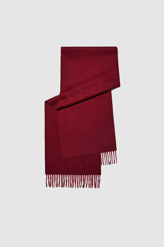 Sentaler Baby Alpaca Classic Scarf featured in Baby Alpaca and available in Garnet Red. Seen as off figure.