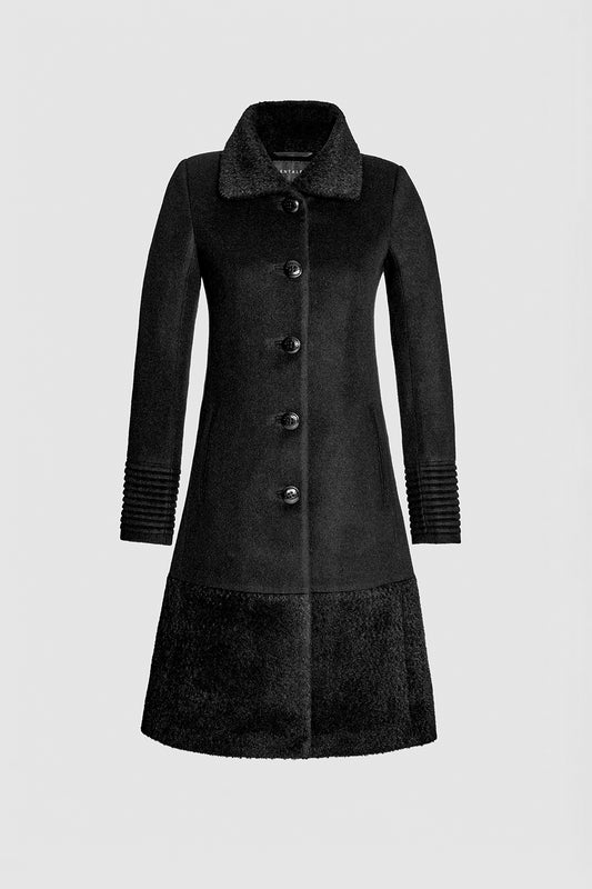 Sentaler A-line Black Coat with Bouclé Alpaca Collar and Trim in Baby Alpaca wool. Seen as off figure.