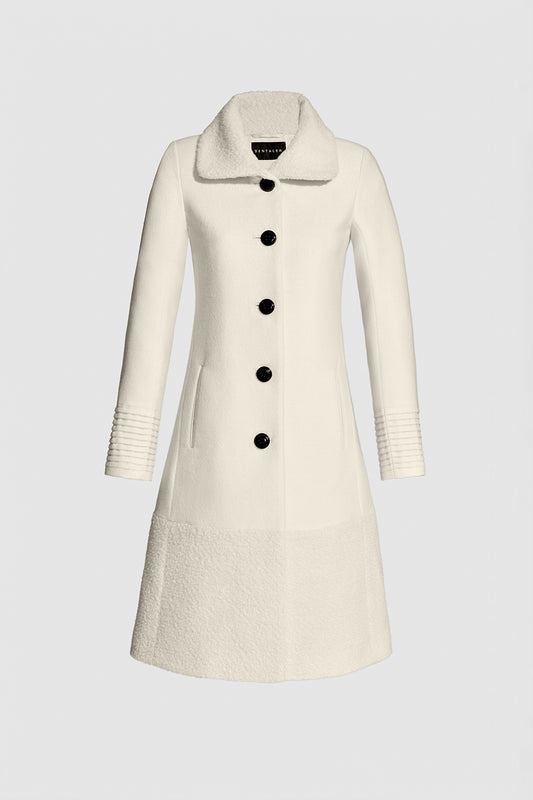 Sentaler A-line Ivory Coat with Bouclé Alpaca Collar and Trim in Baby Alpaca wool. Seen as off figure.