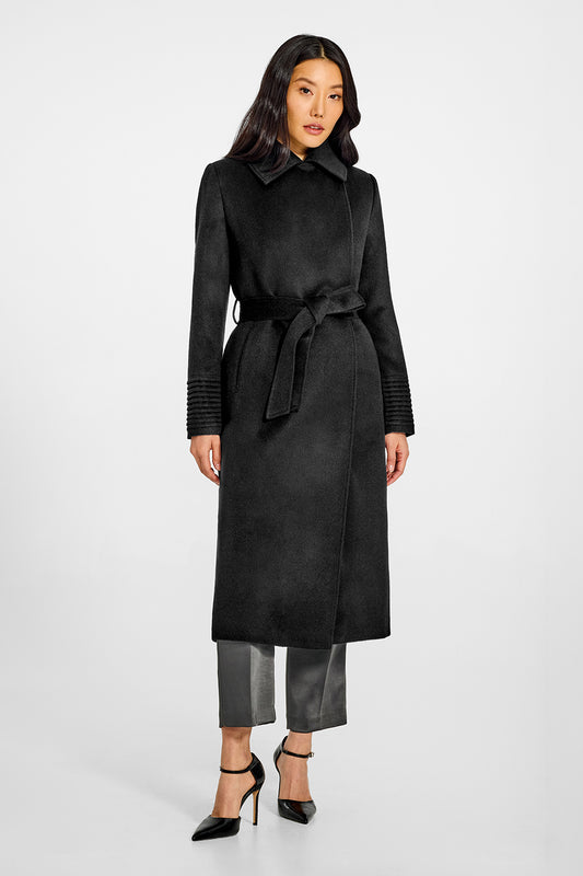 Sentaler Long Lapel Collar Wrap Black Coat in Baby Alpaca wool. Seen from front belted on female model.