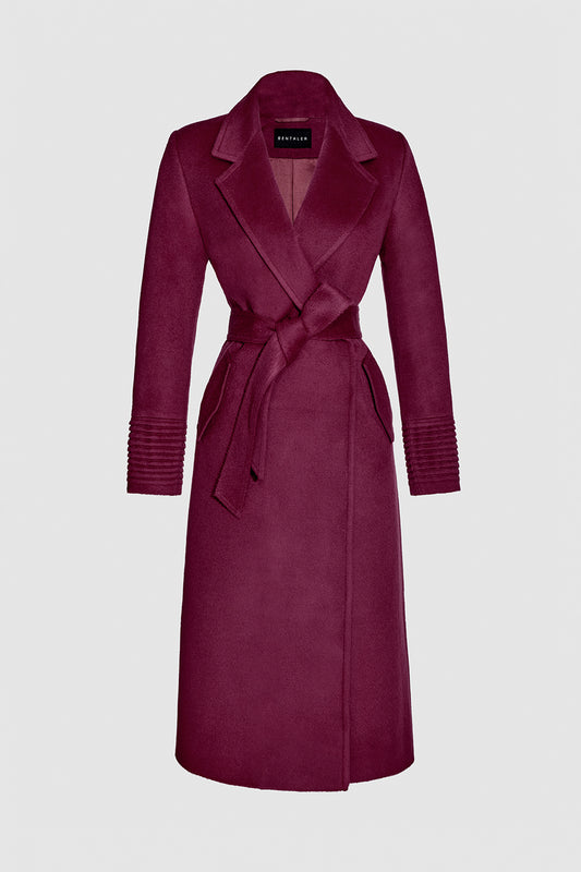 Sentaler Long Notched Collar Wrap Plum Berry Coat in Baby Alpaca wool. Seen as belted off figure.