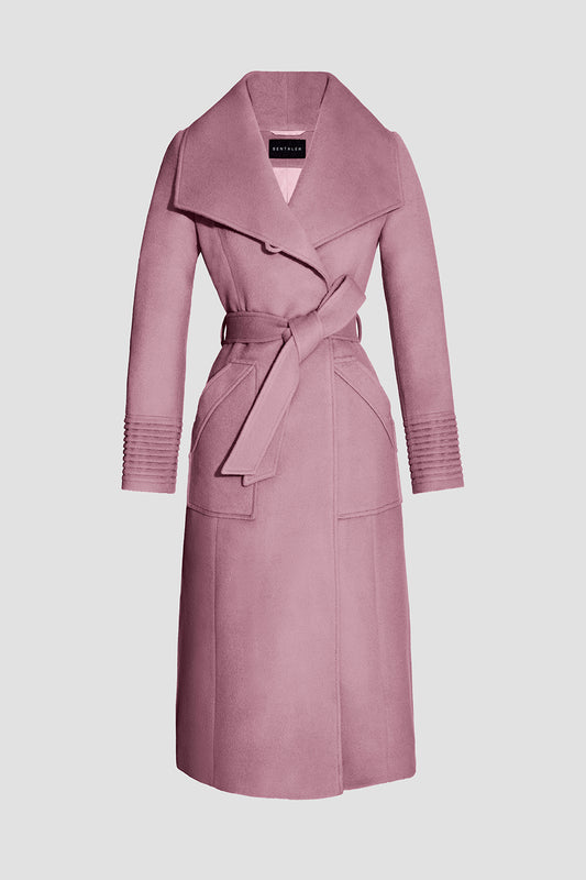 Sentaler Long Wide Collar Wrap Peony Pink Coat in Baby Alpaca wool. Seen as belted off figure.