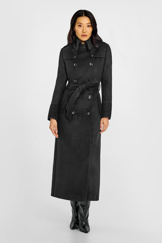 Sentaler Maxi Trench Black Coat in Baby Alpaca wool. Seen from front belted on female model.