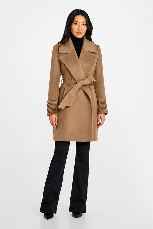 Sentaler Large Notched Collar Wrap Dark Camel Coat in Baby Alpaca wool. Seen from front belted on female model.