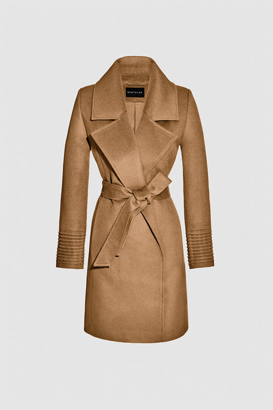 Sentaler Large Notched Collar Wrap Dark Camel Coat in Baby Alpaca wool. Seen as belted off figure.