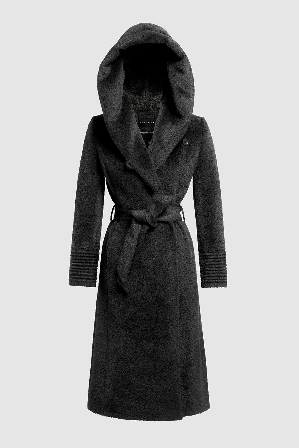 Bouclé Alpaca Long Hooded Wrap Black Coat | SENTALER