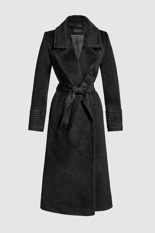 Sentaler Bouclé Alpaca Long Notched Collar Wrap Coat featured in Bouclé Alpaca and available in Black. Seen as off figure belted.