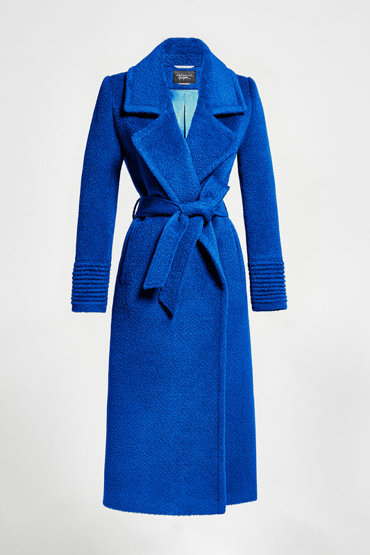 Sentaler Bouclé Alpaca Long Notched Collar Wrap Coat crafted in Bouclé Alpaca wool and in Cobalt Blue. Seen as belted off figure.