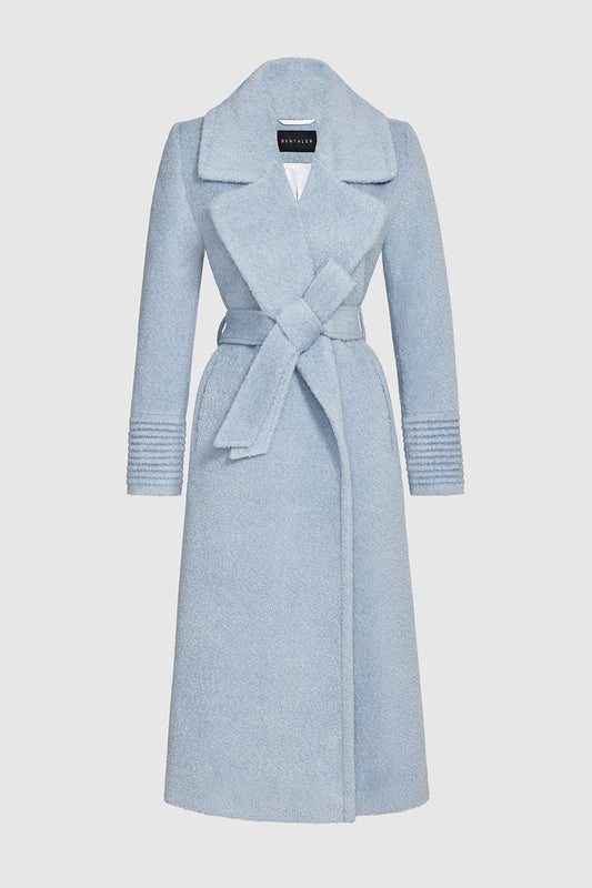 Sentaler Bouclé Alpaca Long Notched Collar Wrap Coat featured in Bouclé Alpaca and available in Powder Blue. Seen as belted off figure.