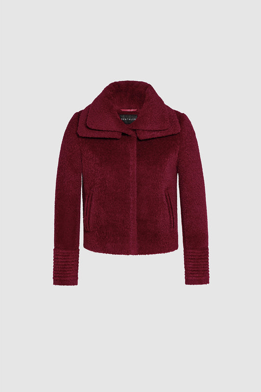 Sentaler Bouclé Alpaca Moto Jacket with Signature Double Collar featured in Bouclé Alpaca and available in Garnet Red. Seen as off figure.