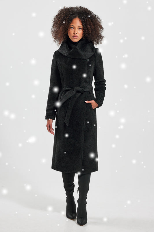 Sentaler Bouclé Alpaca Long Hooded Wrap Coat featured in Bouclé Alpaca and available in Black. Seen from front with snow effect.