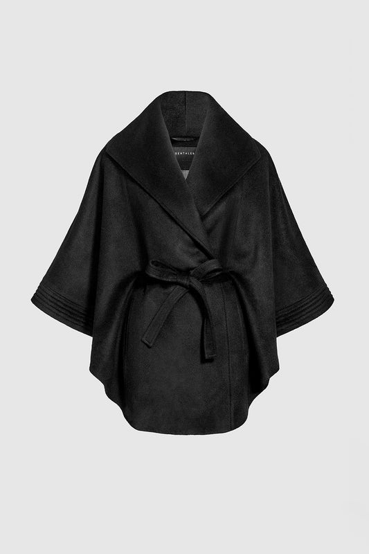 Sentaler Cape with Shawl Collar and Belt featured in Baby Alpaca and available in Black. Seen as belted off figure.
