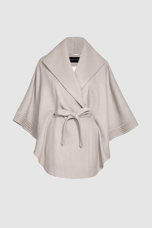 Sentaler Cape with Shawl Collar and Belt featured in Baby Alpaca and available in Bleeker Beige. Seen as belted off figure.