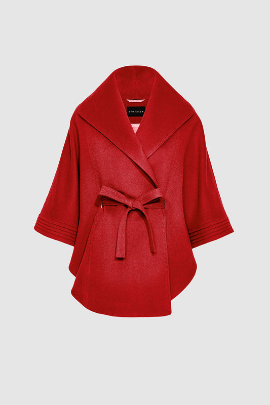 Sentaler Cape with Shawl Collar and Belt crafted in Baby Alpaca wool and in Scarlet Red. Seen as off figure belted.