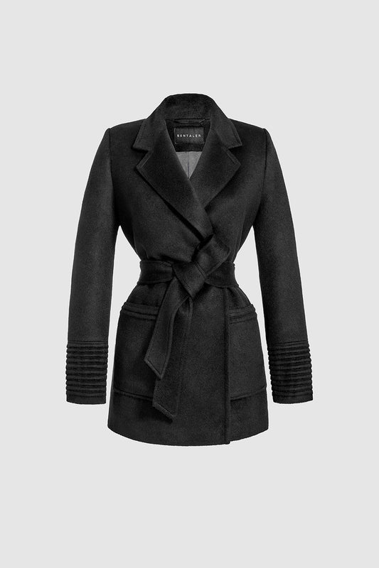 Sentaler Cropped Notched Collar Wrap Coat with Square Pockets featured in Baby Alpaca and available in Black. Seen as belted off figure.