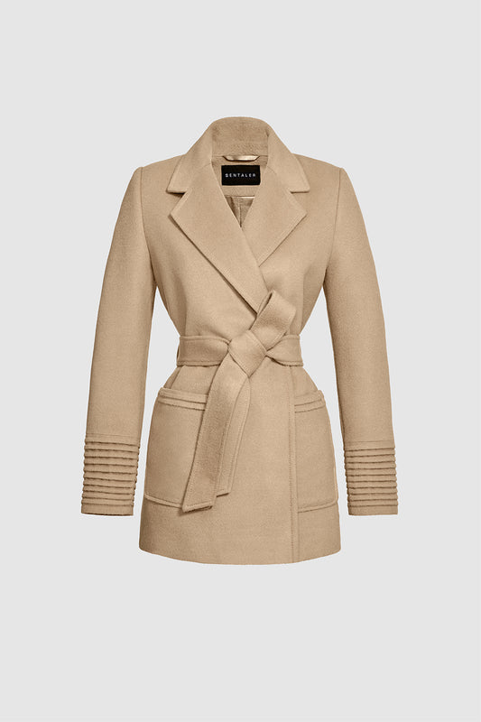 Sentaler Cropped Notched Collar Wrap Coat with Square Pockets featured in Baby Alpaca and available in Camel. Seen as belted off figure.