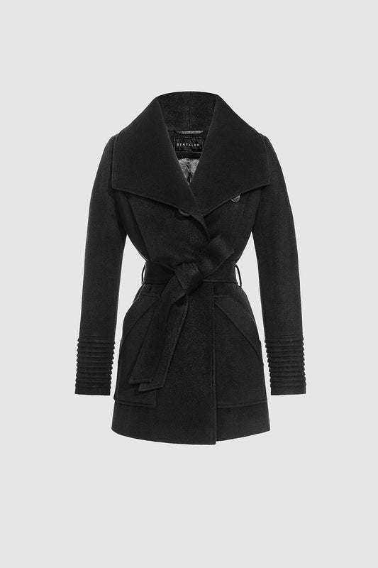 Sentaler Cropped Wide Collar Wrap Coat featured in Baby Alpaca and available in Black. Seen as belted off figure.