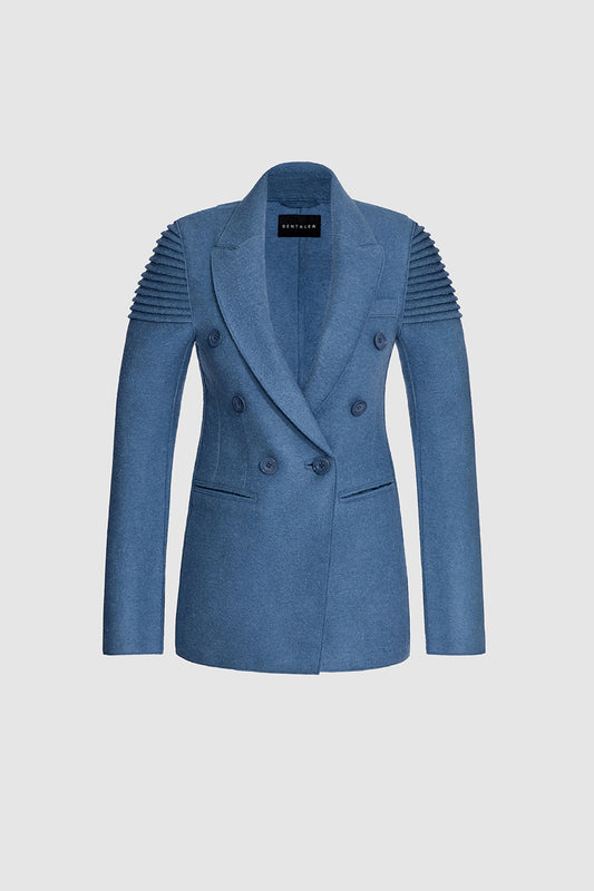 Sentaler Double Breasted Peak Collar Blazer featured in Superfine Alpaca and available in Dusty Blue. Seen as off figure.