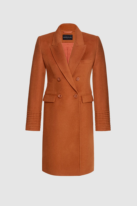 Sentaler Double Breasted Tailored Coat featured in Baby Alpaca and available in Burnt Orange. Seen as off figure.