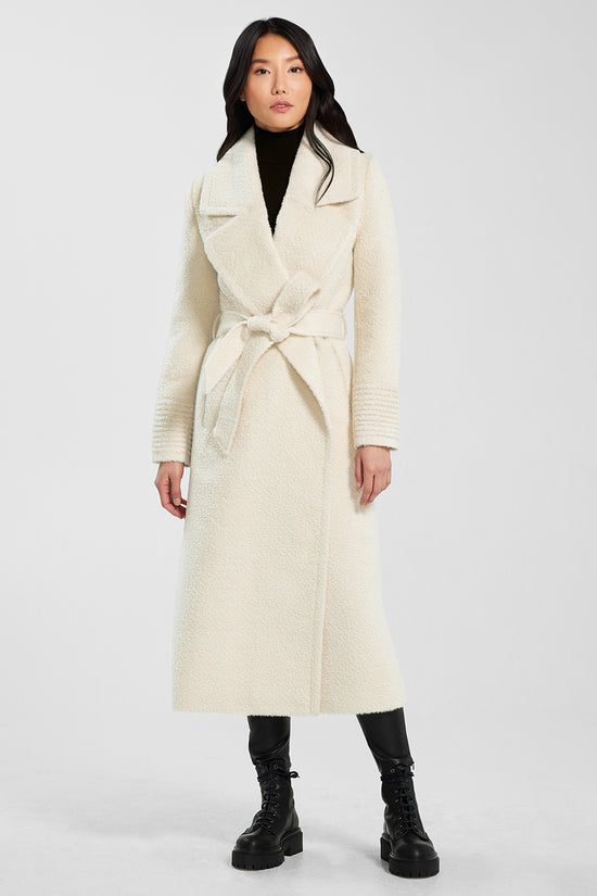 Sentaler Bouclé Alpaca Long Notched Collar Wrap Coat featured in Bouclé Alpaca and available in Ivory. Seen from front on model.