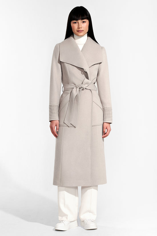 Sentaler Long Wide Collar Wrap Coat featured in Baby Alpaca and available in Bleeker Beige. Seen from front on model.