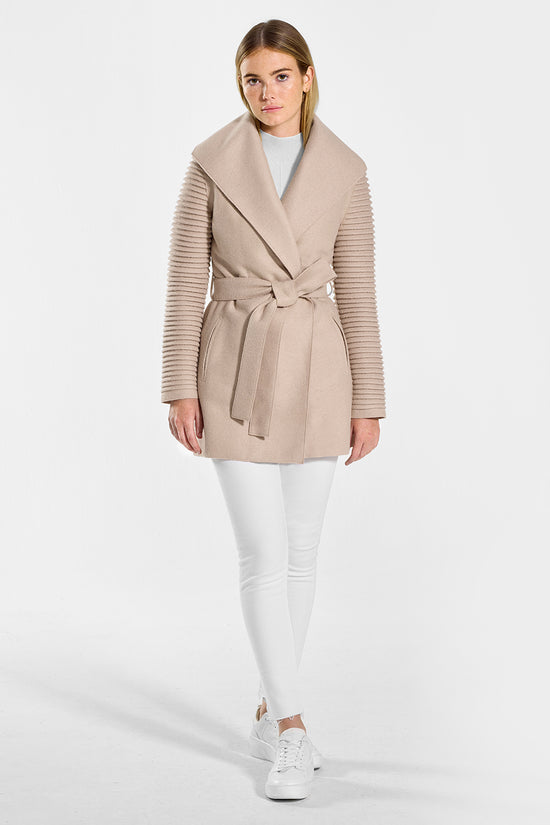 Sentaler Wrap Coat with Ribbed Sleeves featured in Superfine Alpaca and available in Chamois. Seen from front on model.