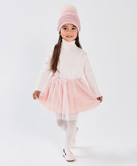 Sentaler Kids (1-5 Years) Ribbed Hat with Oversized Fur Pompon featured in Baby Alpaca and available in Pink. Seen from front on model.