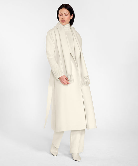 Sentaler Long Notched Collar Raglan Sleeve Wrap Coat and Baby Alpaca Classic Scarf featured in Baby Alpaca and available in Ivory White. Seen from side open on female model.