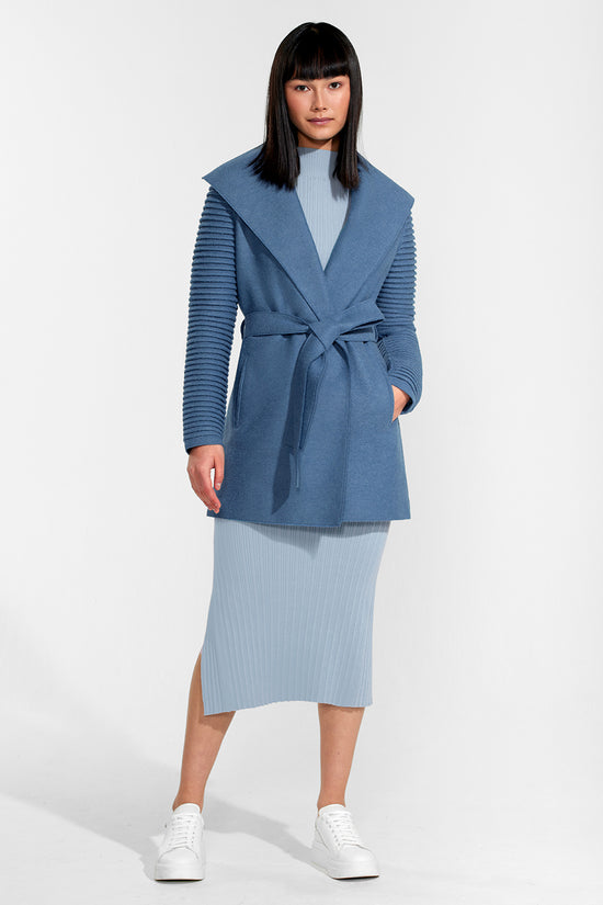 Sentaler Wrap Coat with Ribbed Sleeves featured in Superfine Alpaca and available in Dusty Blue. Seen from front on model.