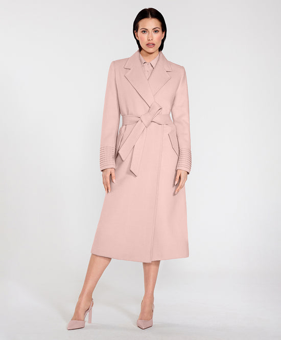 Sentaler Long Notched Collar Wrap Coat featured in Baby Alpaca and available in Pink Tint. Seen from front on female model.