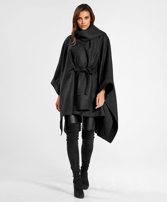 Sentaler Poncho with Shawl Collar and Belt featured in Superfine Alpaca and available in Black. Seen from front on female model.