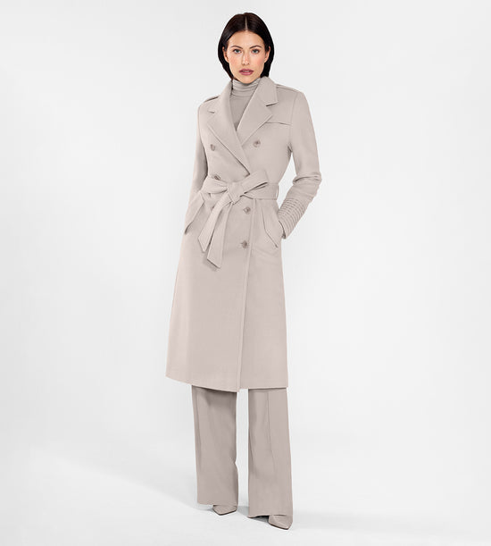 Sentaler Long Double Breasted Trench Coat featured in Baby Alpaca and available in Bleeker Beige. Seen from front on female model.