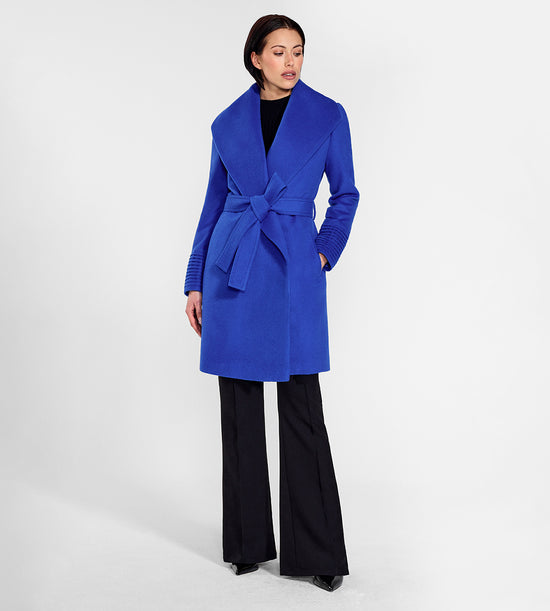 Sentaler Mid Length Shawl Collar Wrap Coat featured in Baby Alpaca and available in Cobalt Blue. Seen from front on female model.