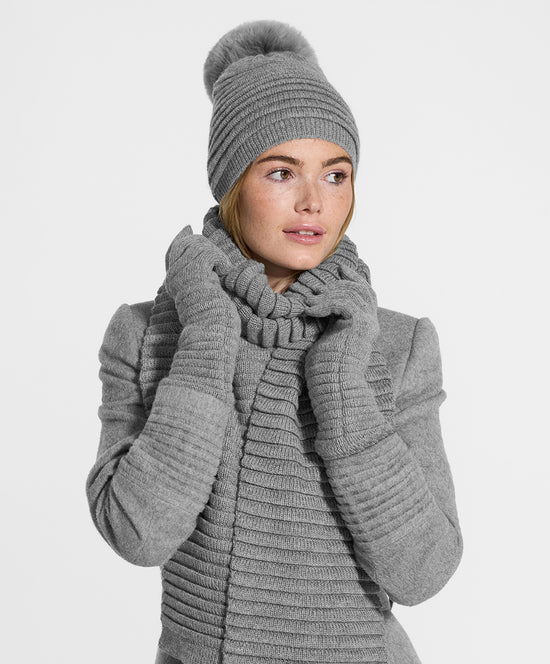 Sentaler Adult Ribbed Gloves featured in Baby Alpaca and available in Grey. Seen from front on model.