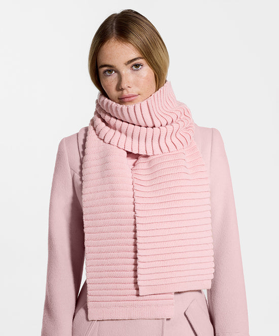 Sentaler Adult Ribbed Scarf featured in Baby Alpaca and available in Pink. Seen from front on model.