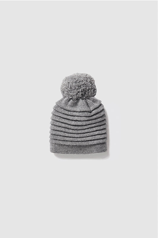 Sentaler Kids (1-5 Years) Ribbed Hat with Oversized Knit Pompon featured in Baby Alpaca and available in Grey. Seen as off figure.