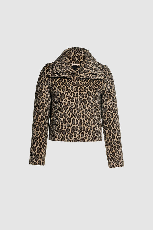 Sentaler Leopard Moto Jacket with Signature Double Collar featured in Suri Alpaca and available in Leopard Pattern. Seen as off figure.