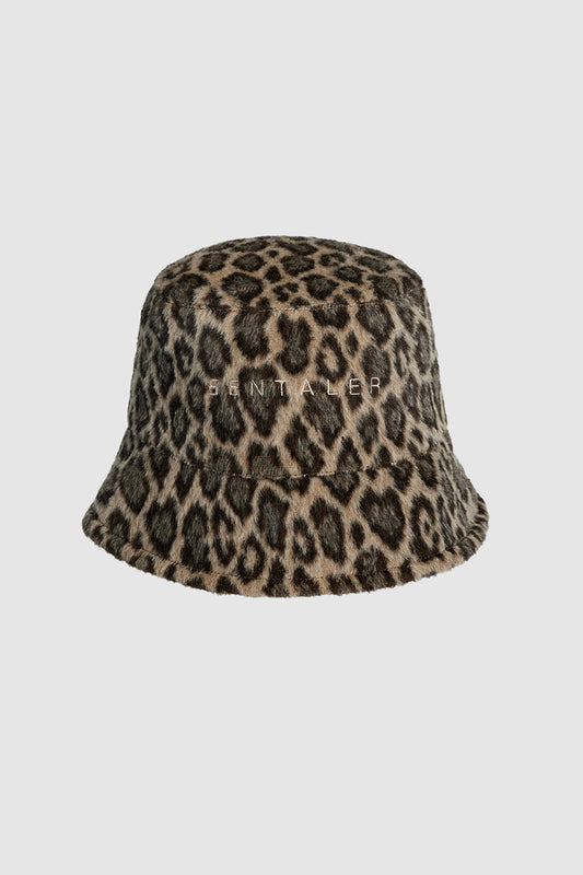 Sentaler Leopard Suri Bucket Hat featured in Printed Suri Alpaca and available in Leopard Pattern. Seen as off figure.